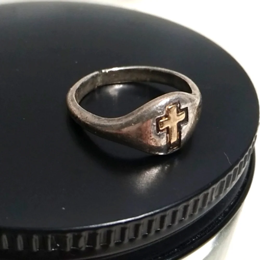 SALE! Antique 14K Gold Cross 925 Band Ring Flaw Can Be Easy Fix Stamped 14kt/925 - Picture 3 of 12